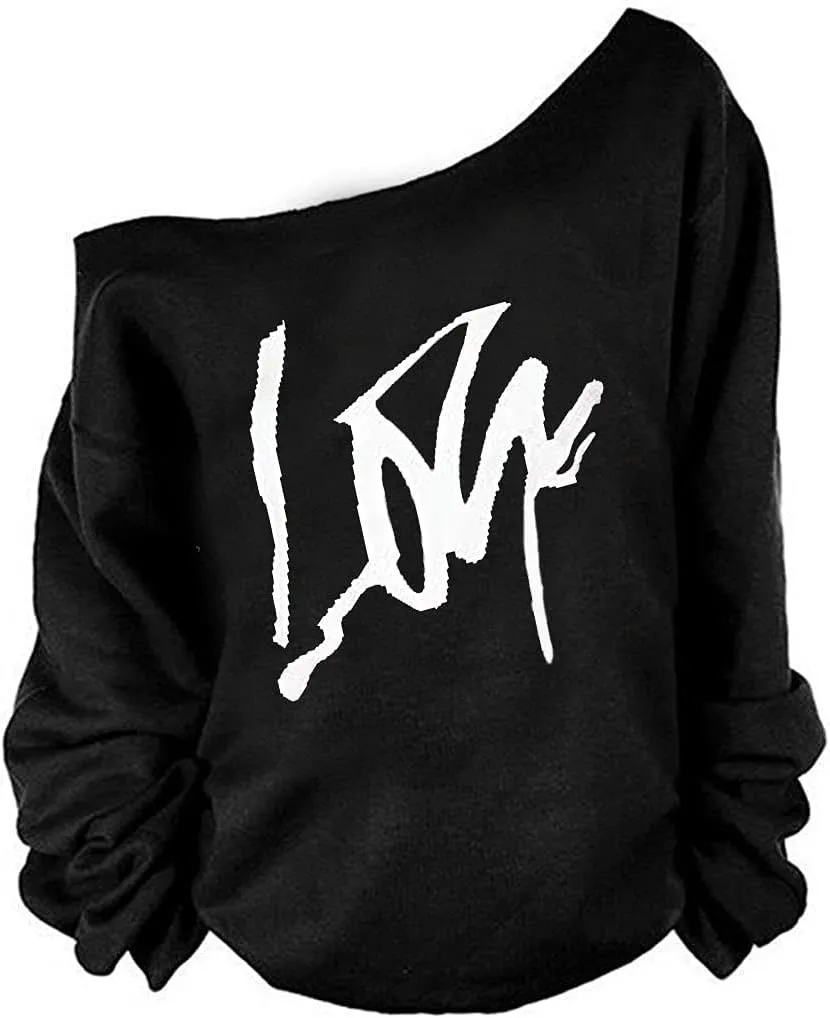 MAGICMK Woman’s Sweatershirt Lips Print Causal Blouse Off The Shoulder Long Sleeve Loose Slouchy Pullover Plus Size Tops