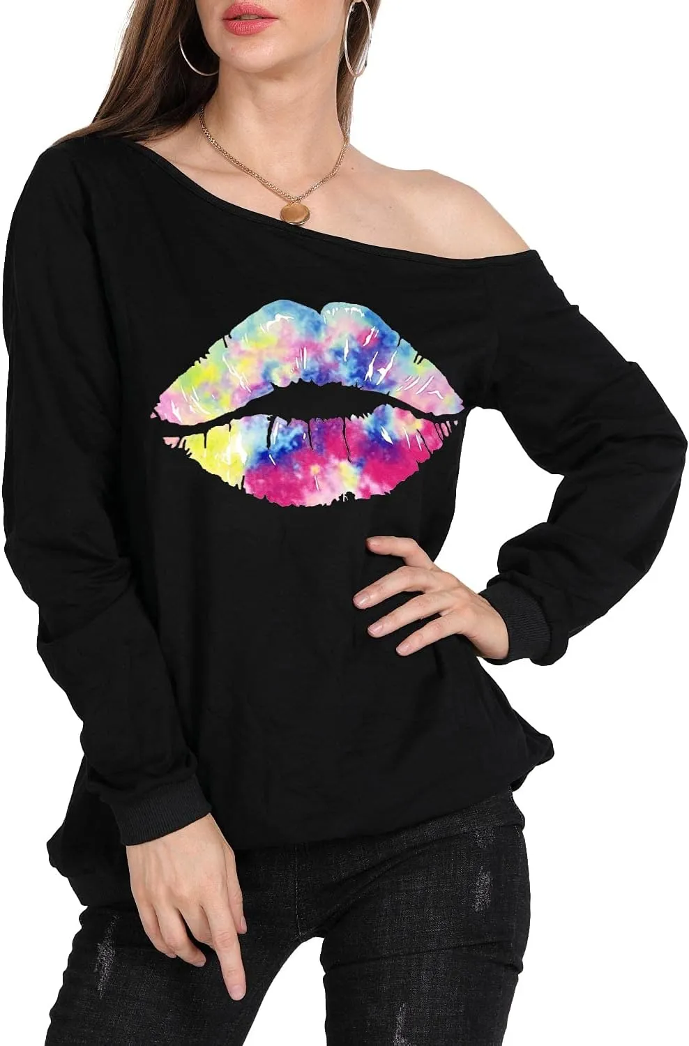 MAGICMK Woman’s Sweatershirt Lips Print Causal Blouse Off The Shoulder Long Sleeve Loose Slouchy Pullover Plus Size Tops