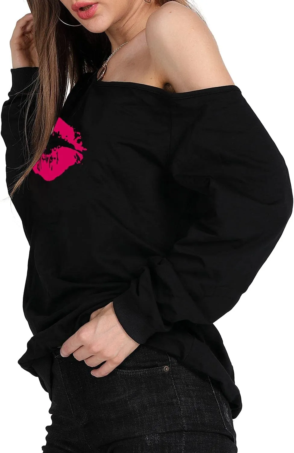 MAGICMK Woman’s Sweatershirt Lips Print Causal Blouse Off The Shoulder Long Sleeve Loose Slouchy Pullover Plus Size Tops