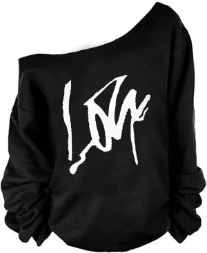 MAGICMK Woman’s Sweatershirt Lips Print Causal Blouse Off The Shoulder Long Sleeve Loose Slouchy Pullover Plus Size Tops