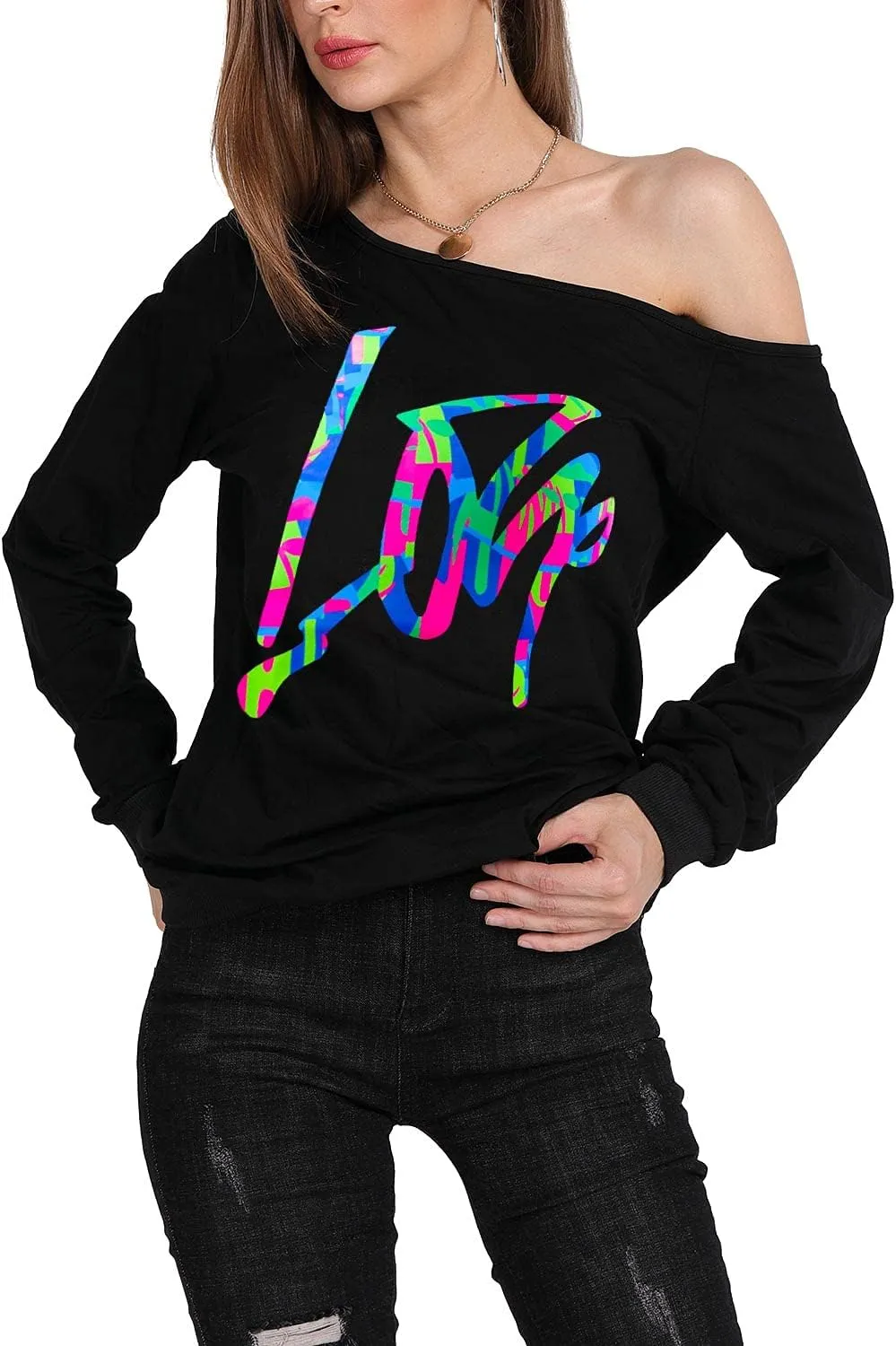 MAGICMK Woman’s Sweatershirt Lips Print Causal Blouse Off The Shoulder Long Sleeve Loose Slouchy Pullover Plus Size Tops