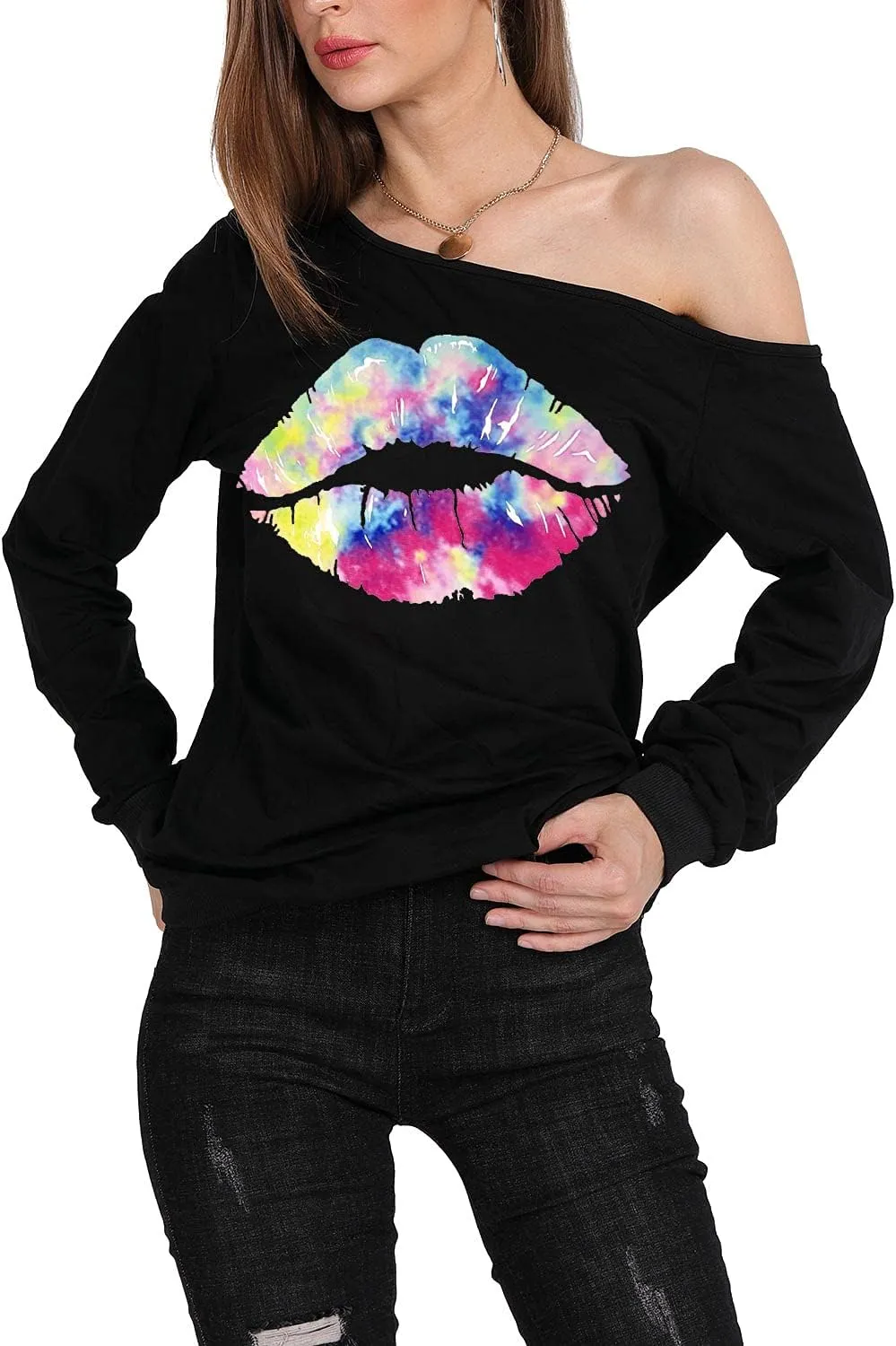 MAGICMK Woman’s Sweatershirt Lips Print Causal Blouse Off The Shoulder Long Sleeve Loose Slouchy Pullover Plus Size Tops