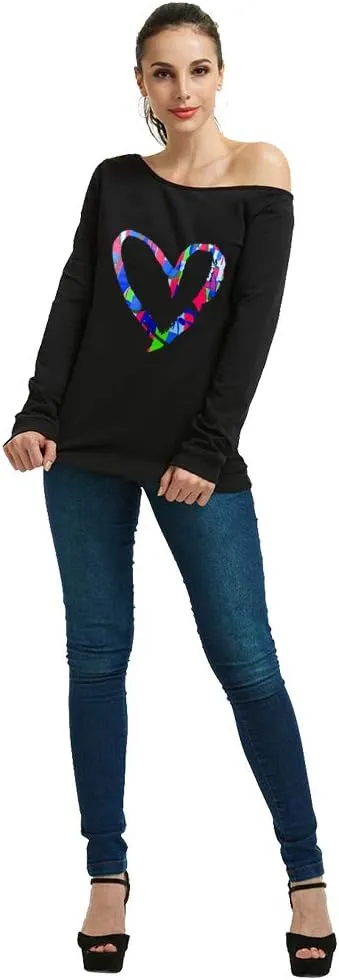 MAGICMK Woman’s Sweatershirt Lips Print Causal Blouse Off The Shoulder Long Sleeve Loose Slouchy Pullover Plus Size Tops