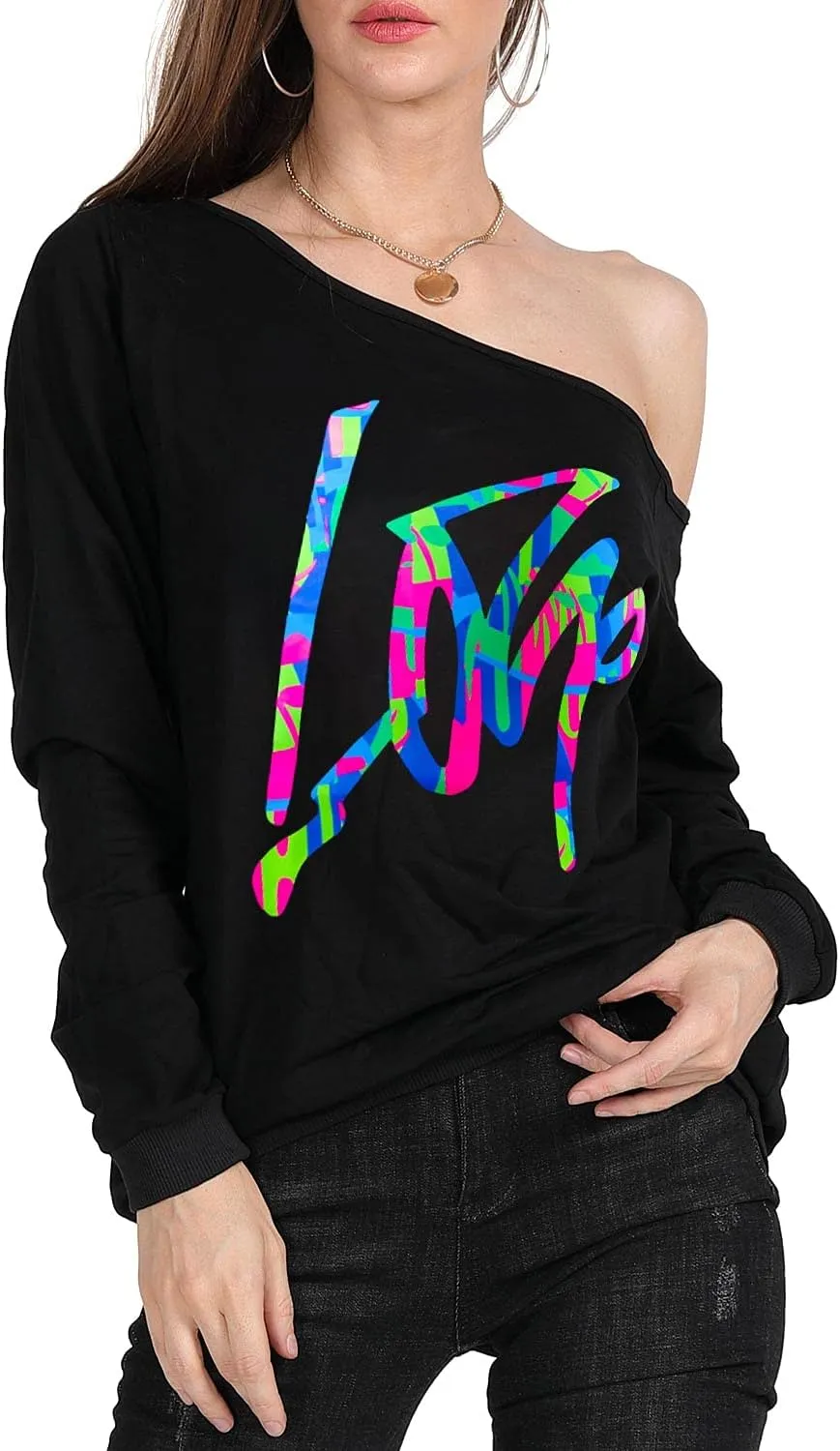 MAGICMK Woman’s Sweatershirt Lips Print Causal Blouse Off The Shoulder Long Sleeve Loose Slouchy Pullover Plus Size Tops