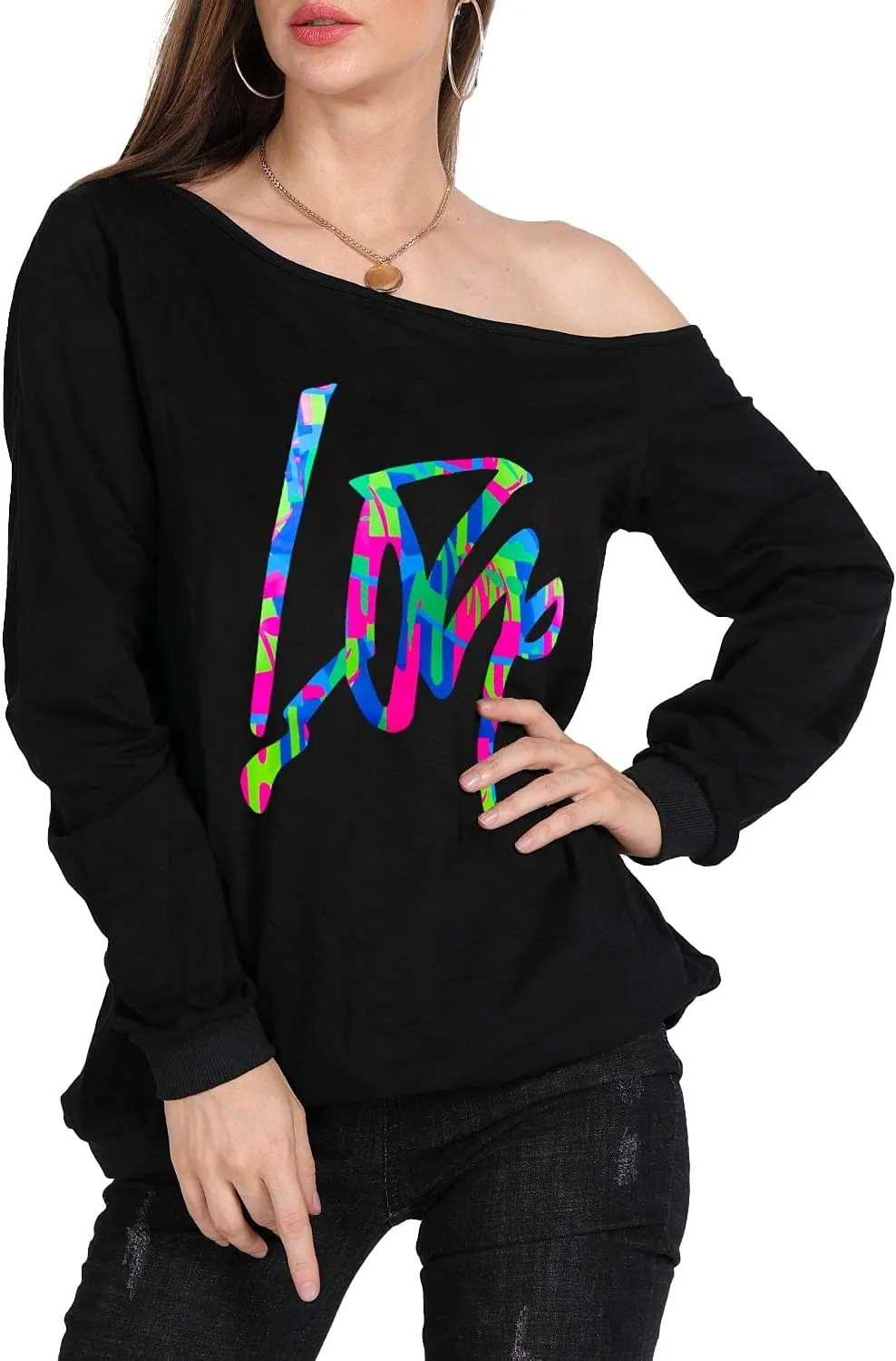 MAGICMK Woman’s Sweatershirt Lips Print Causal Blouse Off The Shoulder Long Sleeve Loose Slouchy Pullover Plus Size Tops