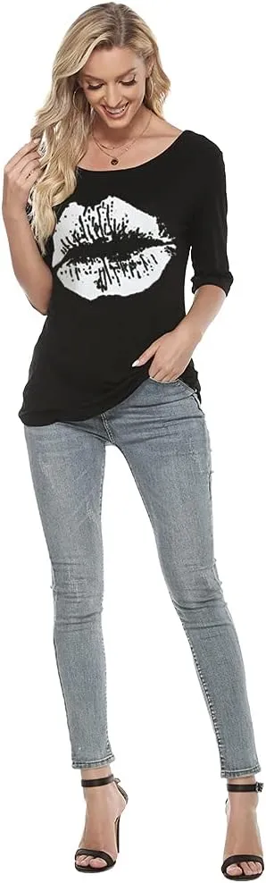 MAGICMK Women Casual Plus Size Lips Print Off Shoulder T-Shirt Tops