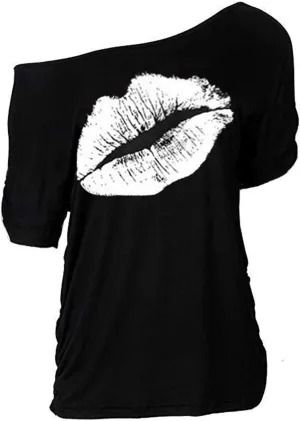 MAGICMK Women Casual Plus Size Lips Print Off Shoulder T-Shirt Tops