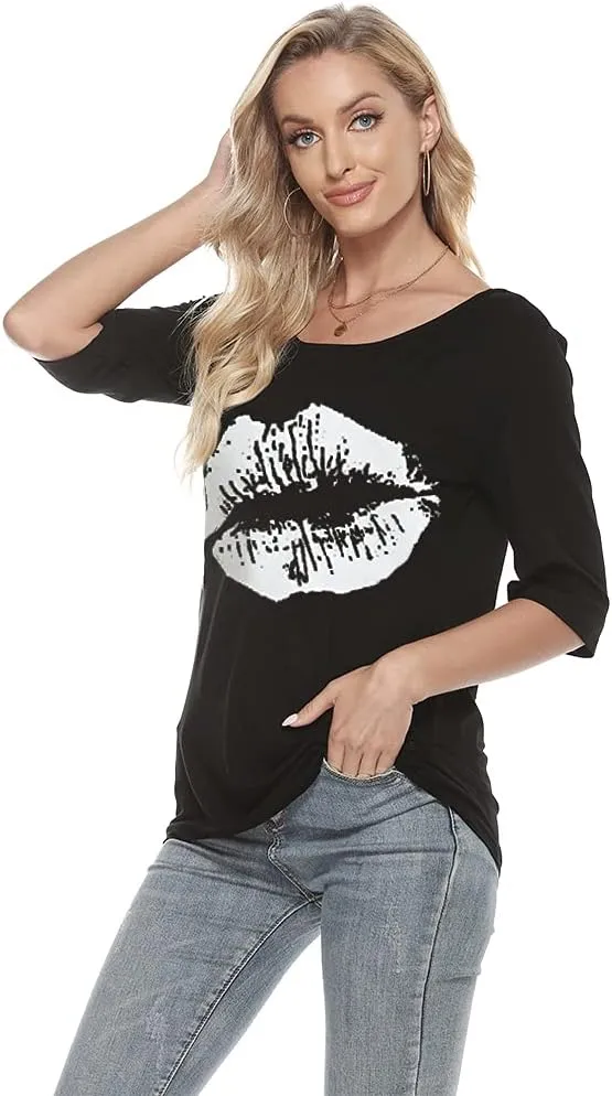 MAGICMK Women Casual Plus Size Lips Print Off Shoulder T-Shirt Tops