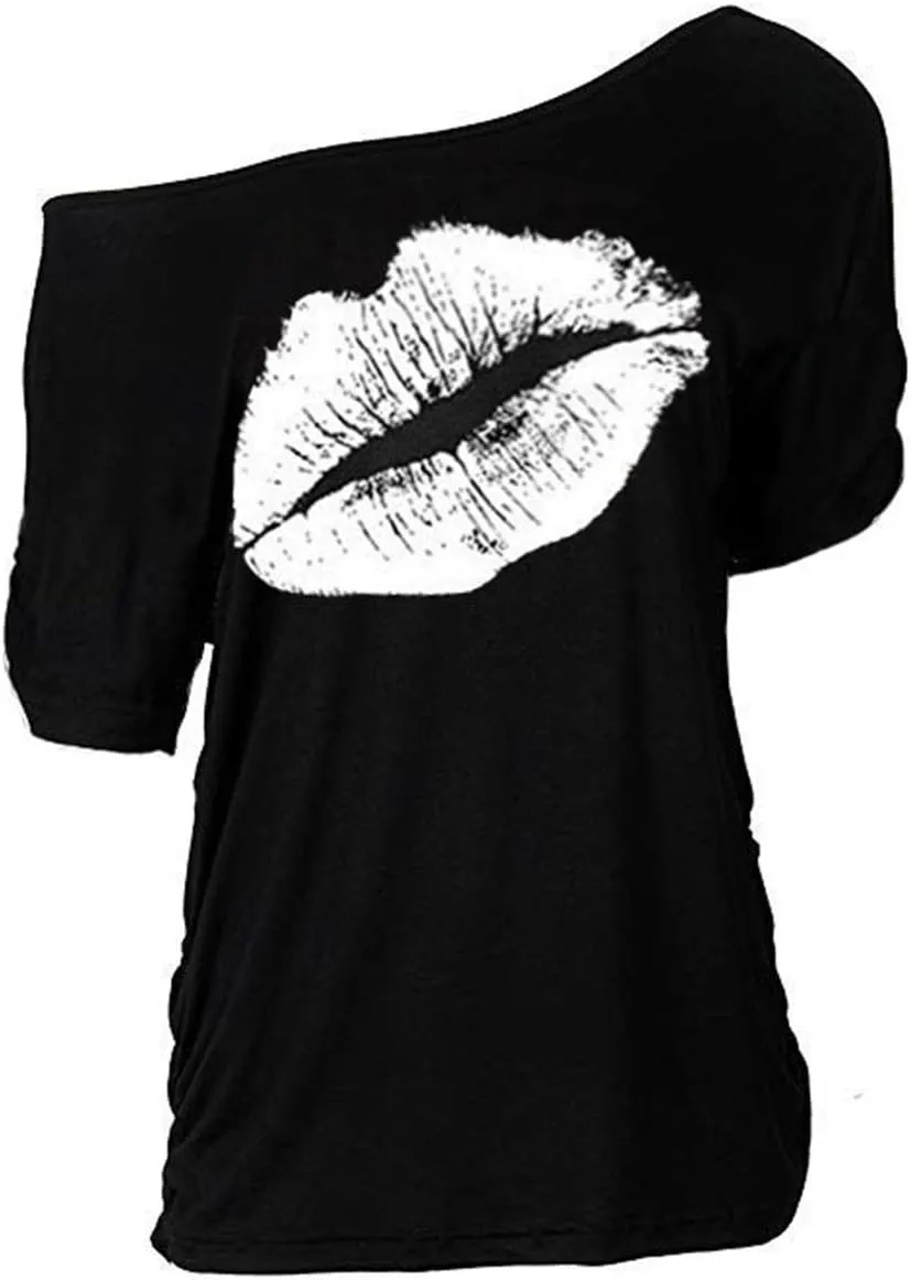 MAGICMK Women Casual Plus Size Lips Print Off Shoulder T-Shirt Tops