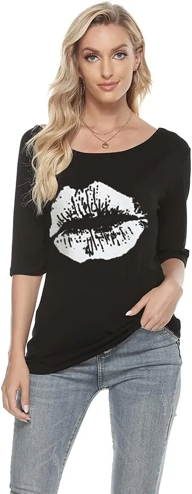 MAGICMK Women Casual Plus Size Lips Print Off Shoulder T-Shirt Tops