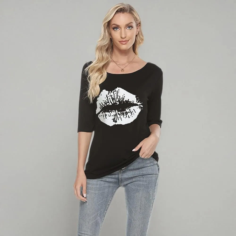 MAGICMK Women Casual Plus Size Lips Print Off Shoulder T-Shirt Tops