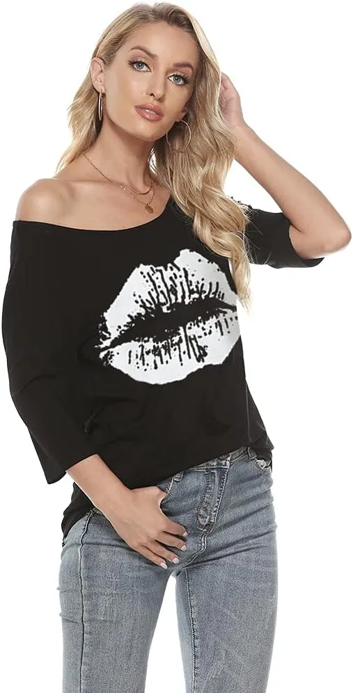 MAGICMK Women Casual Plus Size Lips Print Off Shoulder T-Shirt Tops