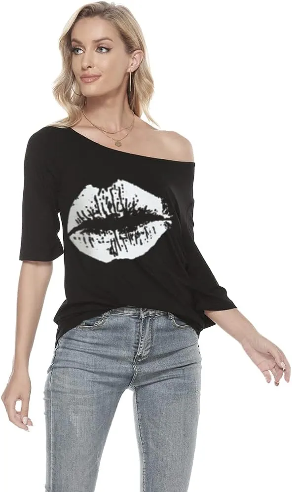 MAGICMK Women Casual Plus Size Lips Print Off Shoulder T-Shirt Tops