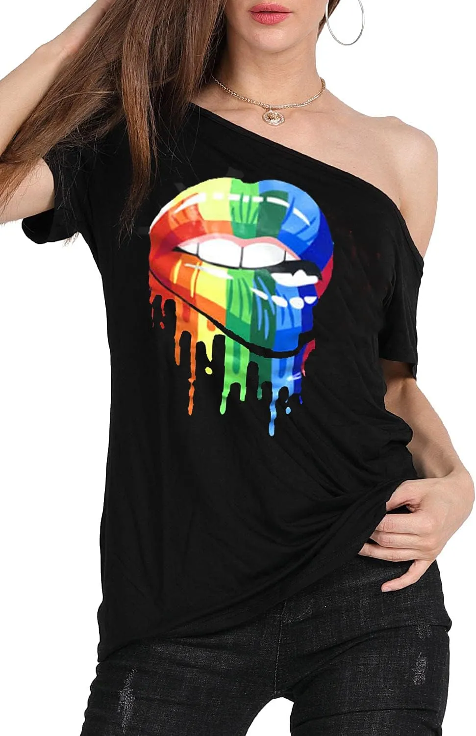 MAGICMK Women’s Short Lips Print Causal Off The Shoulder Plus Size T-Shirt Tops