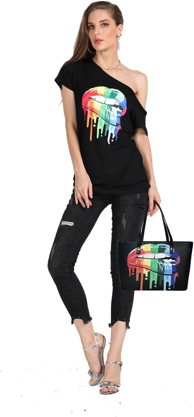 MAGICMK Women’s Short Lips Print Causal Off The Shoulder Plus Size T-Shirt Tops