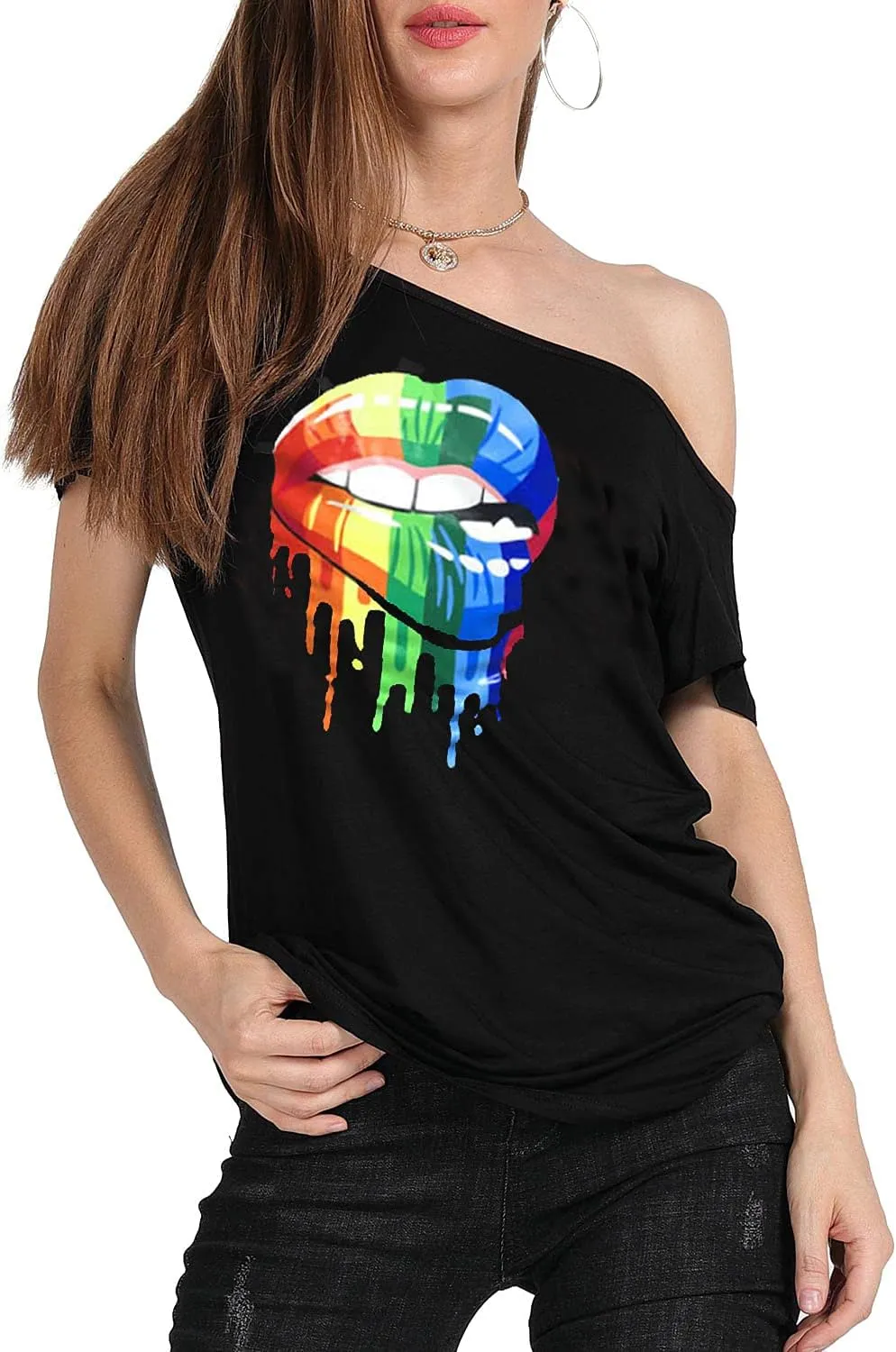 MAGICMK Women’s Short Lips Print Causal Off The Shoulder Plus Size T-Shirt Tops