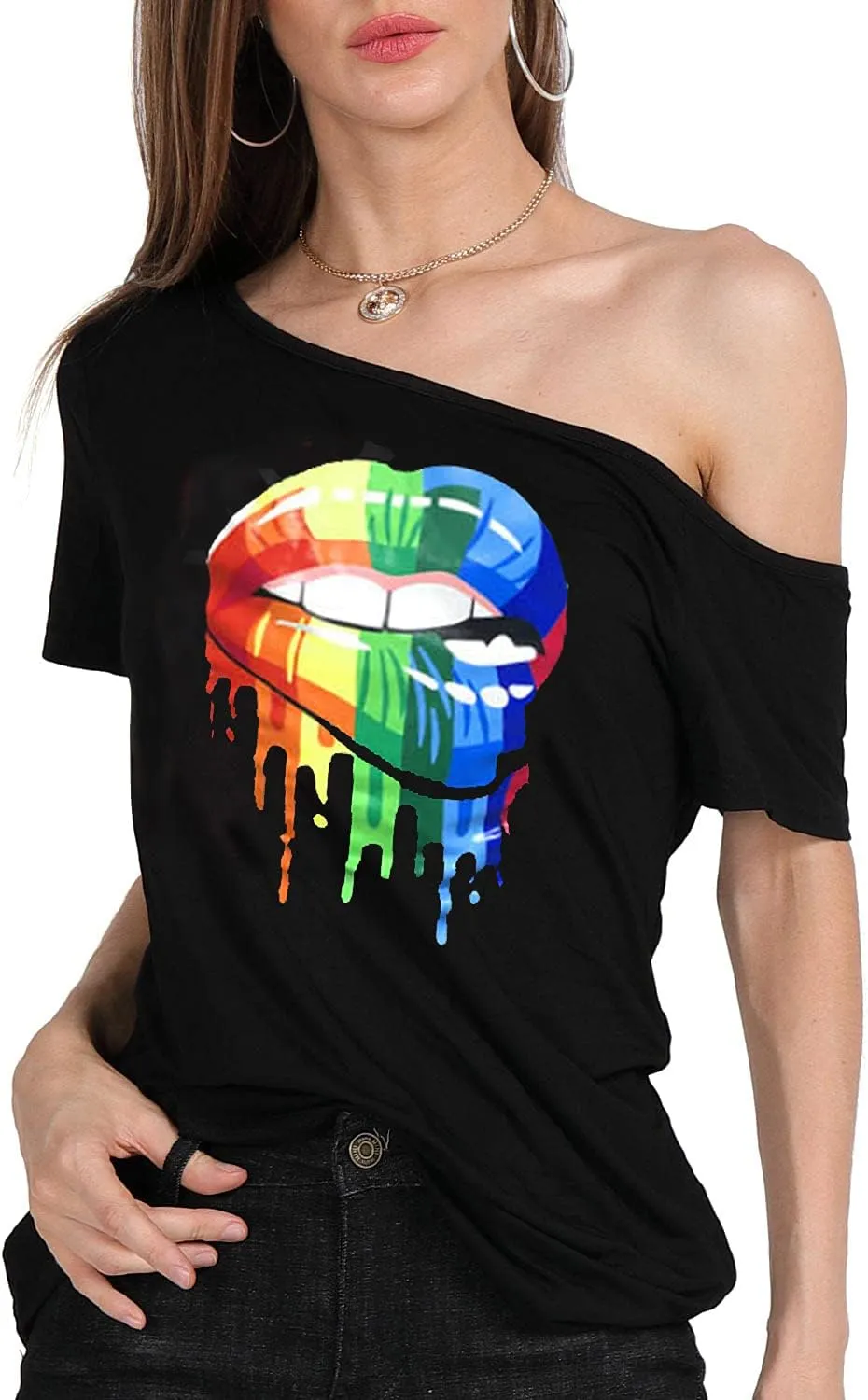 MAGICMK Women’s Short Lips Print Causal Off The Shoulder Plus Size T-Shirt Tops
