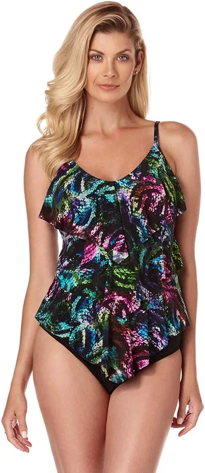 Magicsuit Women's Rita Triple Tier Over The Shoulder Tankini Top Black/Multi 12