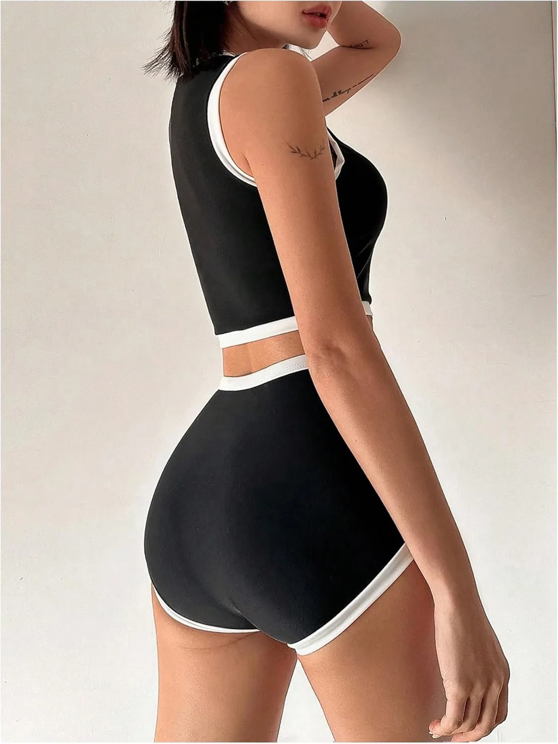 MakeMeChic Women's Bikini Sets Color Block Crew Neck Zip Front Summer Swimsuit Bathing Suits