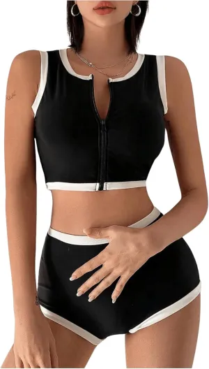 MakeMeChic Women's Bikini Sets Color Block Crew Neck Zip Front Summer Swimsuit Bathing Suits