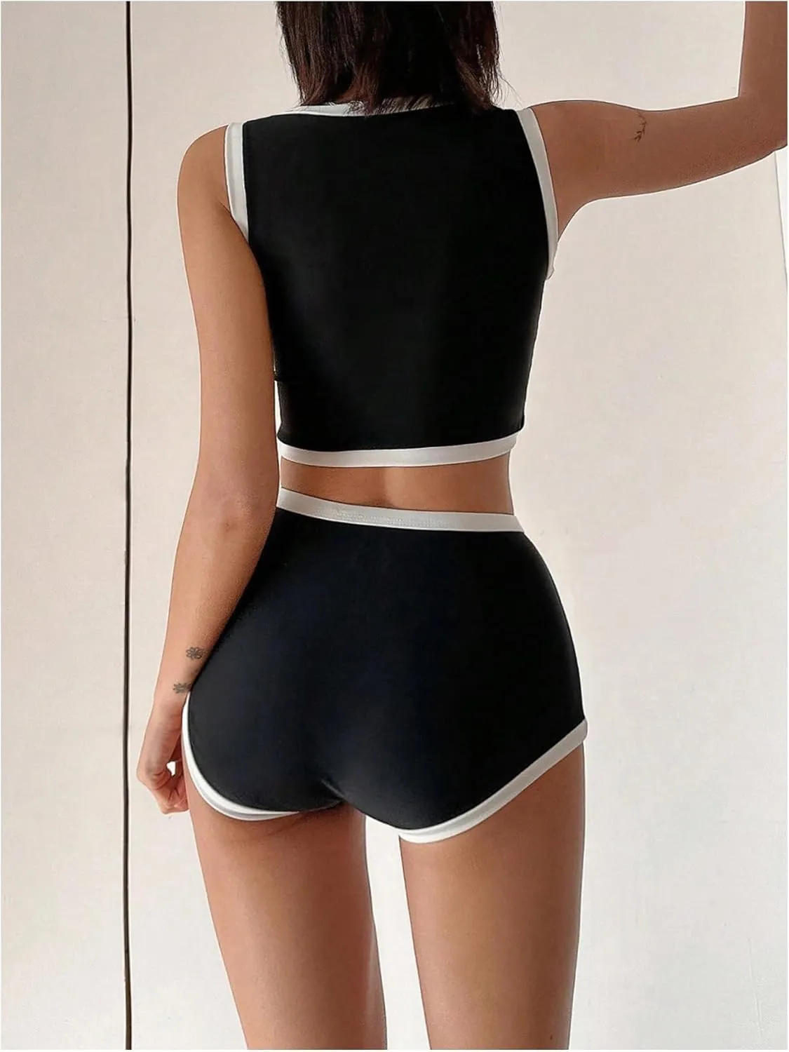 MakeMeChic Women's Bikini Sets Color Block Crew Neck Zip Front Summer Swimsuit Bathing Suits