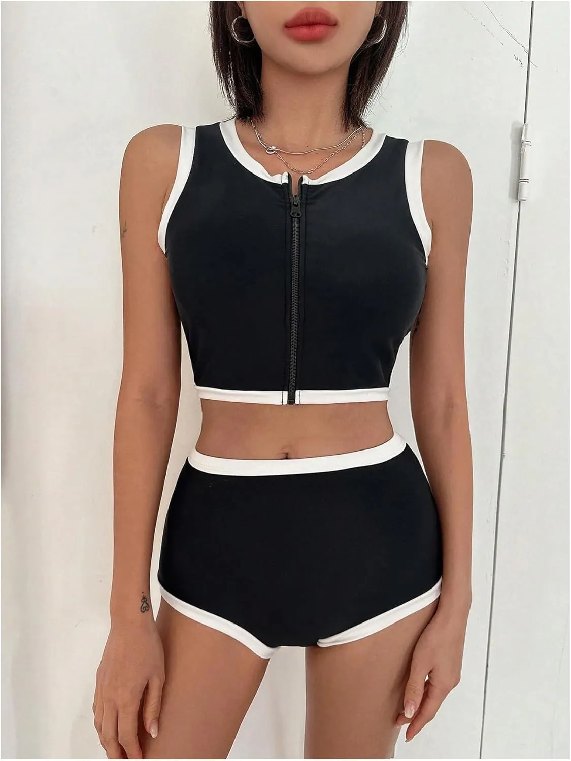 MakeMeChic Women's Bikini Sets Color Block Crew Neck Zip Front Summer Swimsuit Bathing Suits