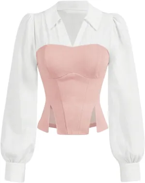 MakeMeChic Women's Color Block Collar V Neck Long Sleeve Split Hem Blouse Shirt Tops