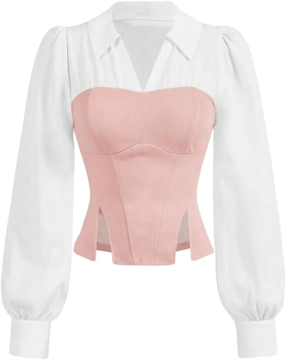 MakeMeChic Women's Color Block Collar V Neck Long Sleeve Split Hem Blouse Shirt Tops