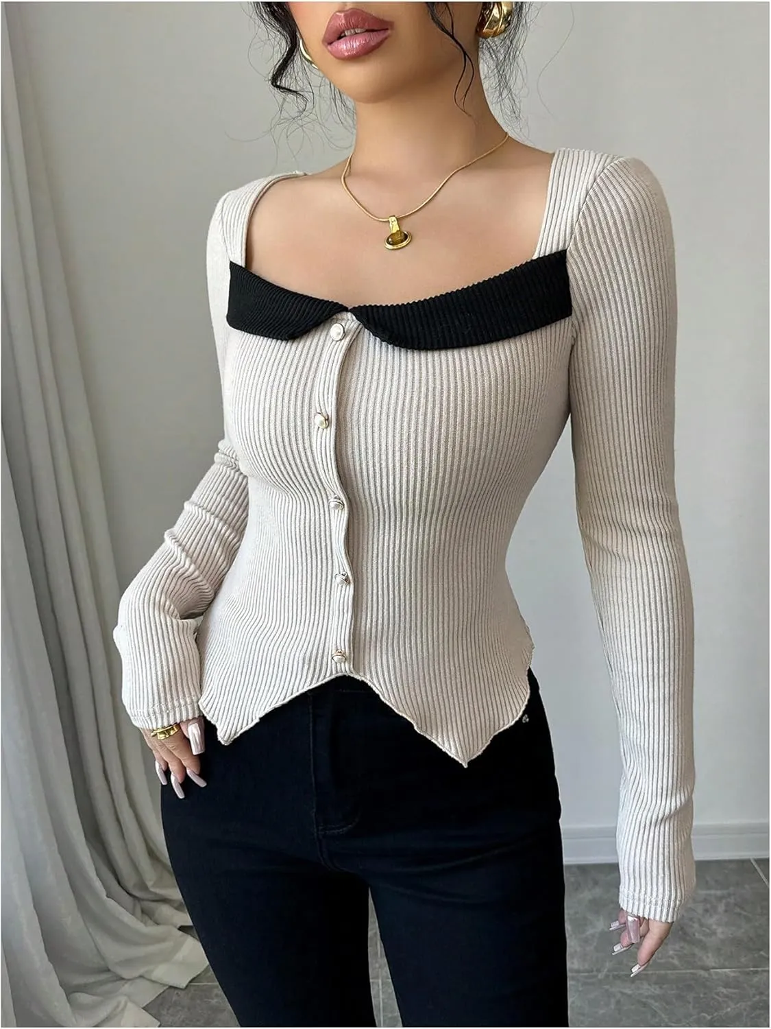 MakeMeChic Women's Square Neck Long Sleeve T Shirt Color Block Button Rib Knitted Tee Tops