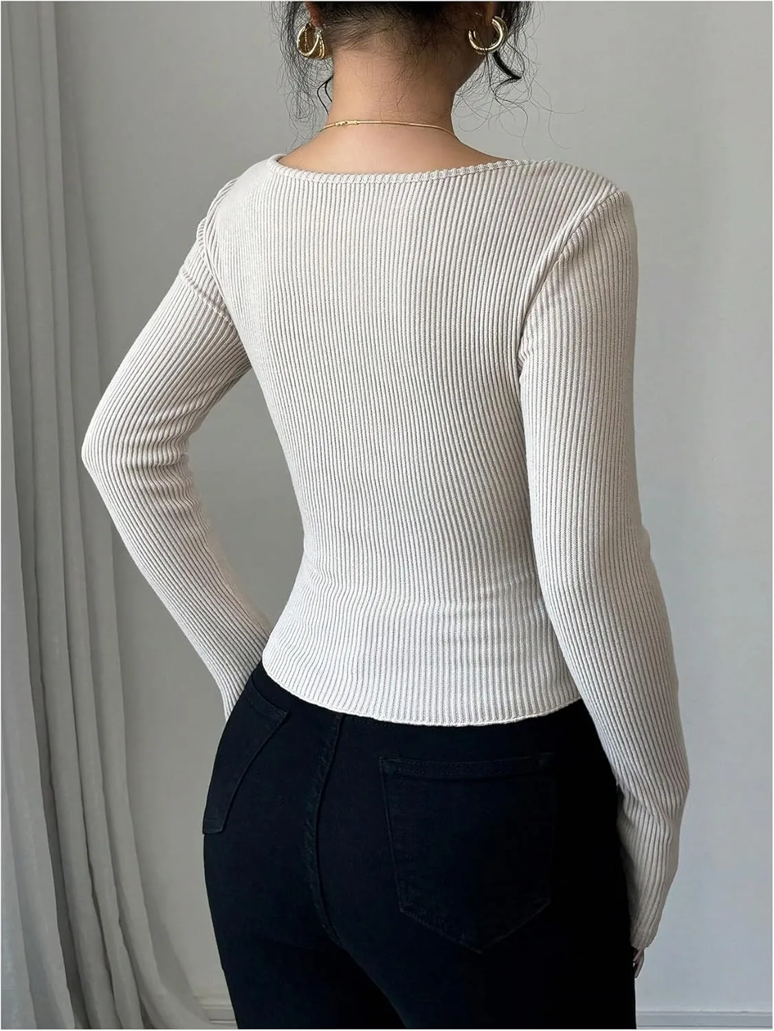 MakeMeChic Women's Square Neck Long Sleeve T Shirt Color Block Button Rib Knitted Tee Tops