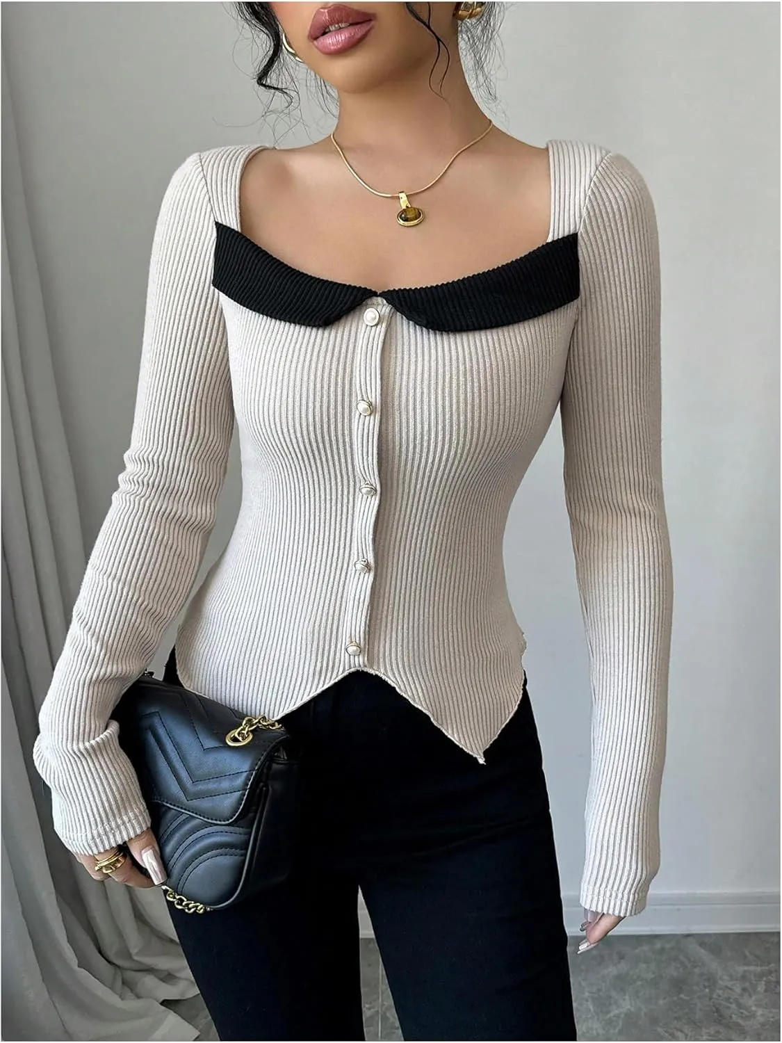 MakeMeChic Women's Square Neck Long Sleeve T Shirt Color Block Button Rib Knitted Tee Tops