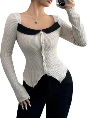 MakeMeChic Women's Square Neck Long Sleeve T Shirt Color Block Button Rib Knitted Tee Tops