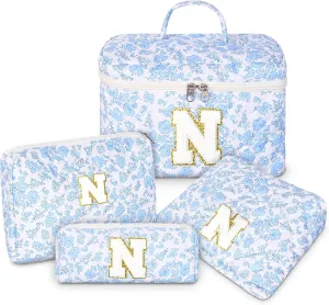 Makeup Bag, 4 Pcs Quilted Makeup Organizer Personalized Initial Gifts for Women Floral Make up Bag Cosmetic Bags Set Travel Toiletry Bag for Girlfriend Teen Girl Gifts Travel Essentials (Blue N)