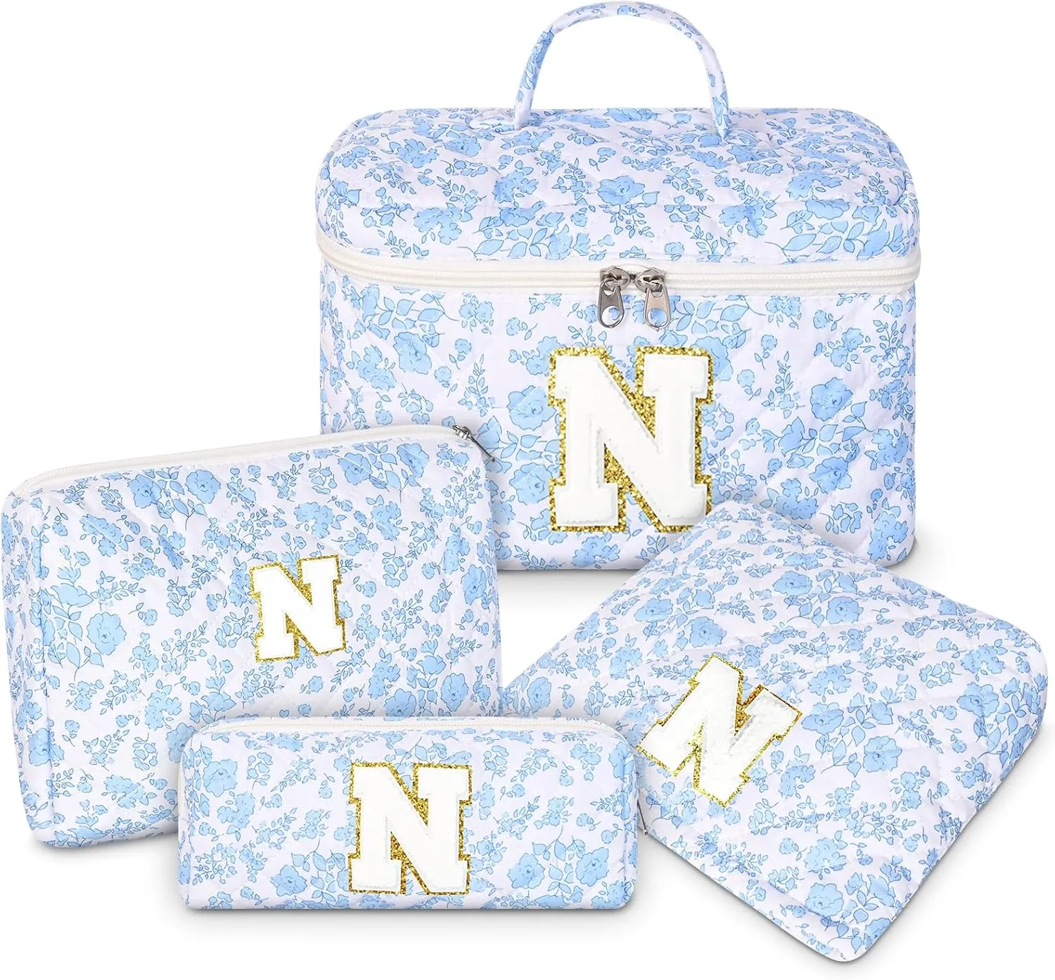 Makeup Bag, 4 Pcs Quilted Makeup Organizer Personalized Initial Gifts for Women Floral Make up Bag Cosmetic Bags Set Travel Toiletry Bag for Girlfriend Teen Girl Gifts Travel Essentials (Blue N)