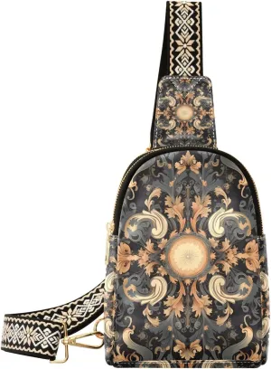 Mandala Boho Aztec Black Flower Backpack Sling Bag for Women Crossbody Bags Small Cross Body Bags Leather Travel Chest Bag Purse Casual Daypack