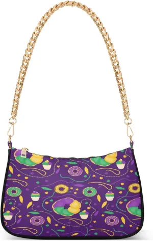 Mardi Gras Carnival Color Donuts Womens Shoulder Bag for Women Girls Hobo Tote Handbag Gold Chain Crossbody Bag with Zipper Clutch Purse Handbags