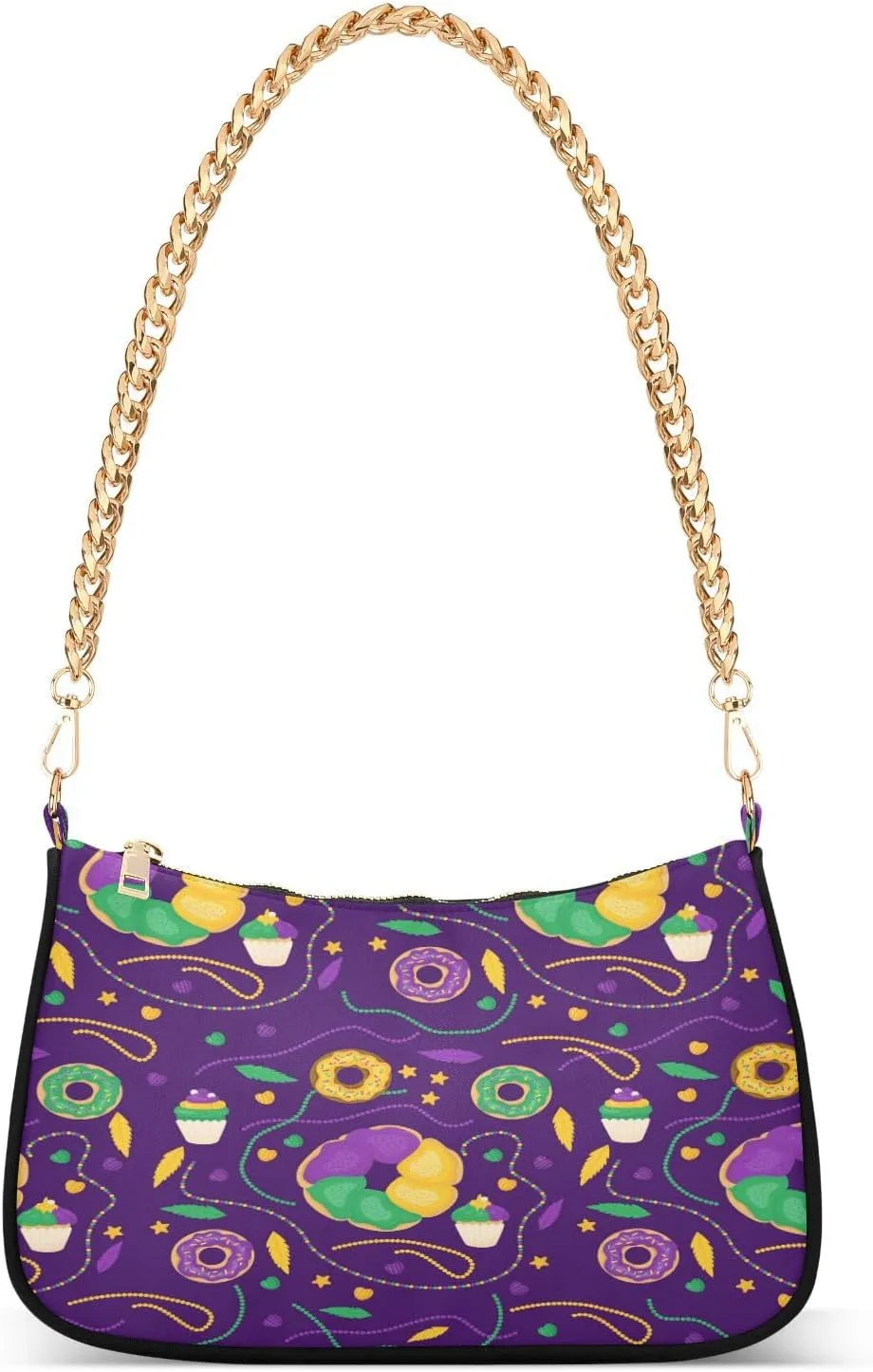 Mardi Gras Carnival Color Donuts Womens Shoulder Bag for Women Girls Hobo Tote Handbag Gold Chain Crossbody Bag with Zipper Clutch Purse Handbags