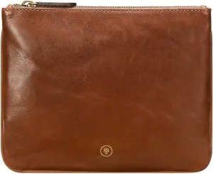 Maxwell Scott - Personalized Womens Luxury Designer Leather Flat Makeup Bag Purse - The Zeta - Chestnut Tan