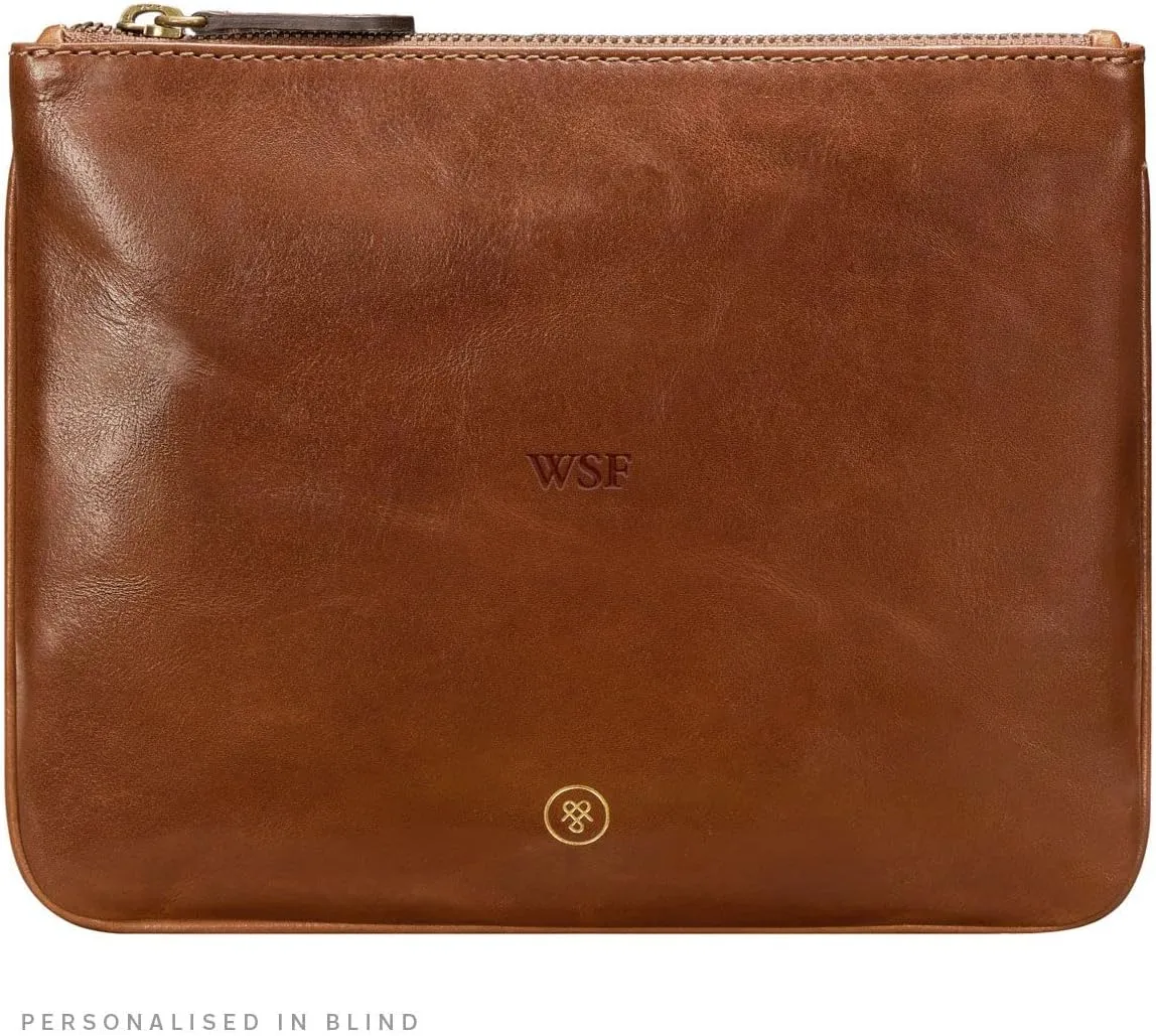 Maxwell Scott - Personalized Womens Luxury Designer Leather Flat Makeup Bag Purse - The Zeta - Chestnut Tan