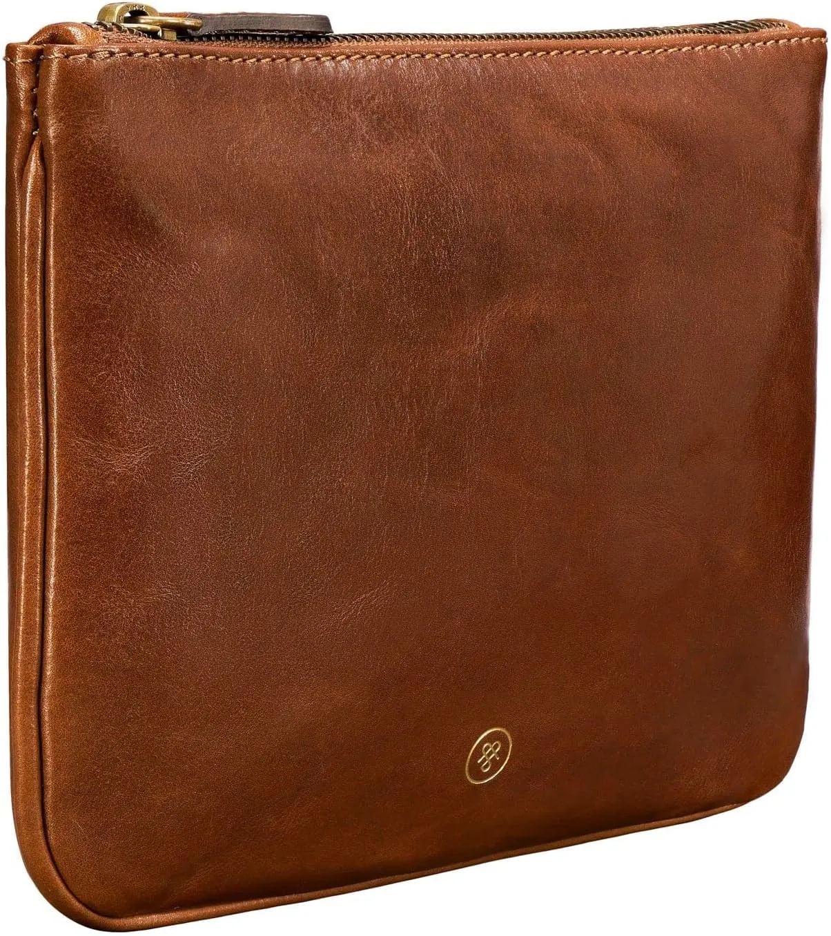 Maxwell Scott - Personalized Womens Luxury Designer Leather Flat Makeup Bag Purse - The Zeta - Chestnut Tan