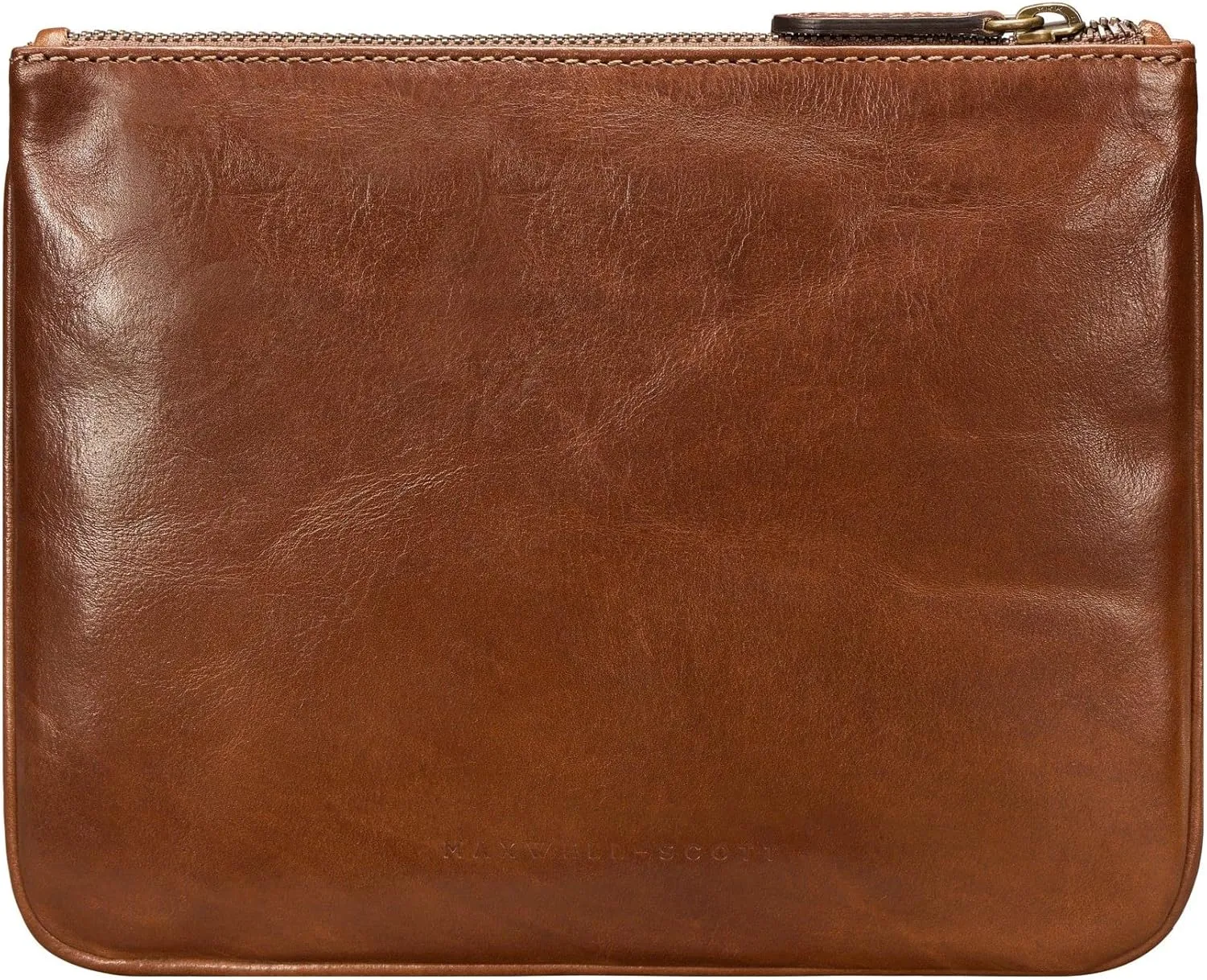 Maxwell Scott - Personalized Womens Luxury Designer Leather Flat Makeup Bag Purse - The Zeta - Chestnut Tan
