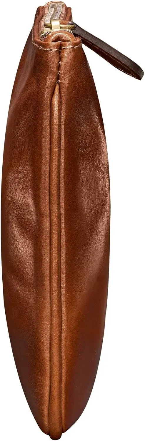 Maxwell Scott - Personalized Womens Luxury Designer Leather Flat Makeup Bag Purse - The Zeta - Chestnut Tan