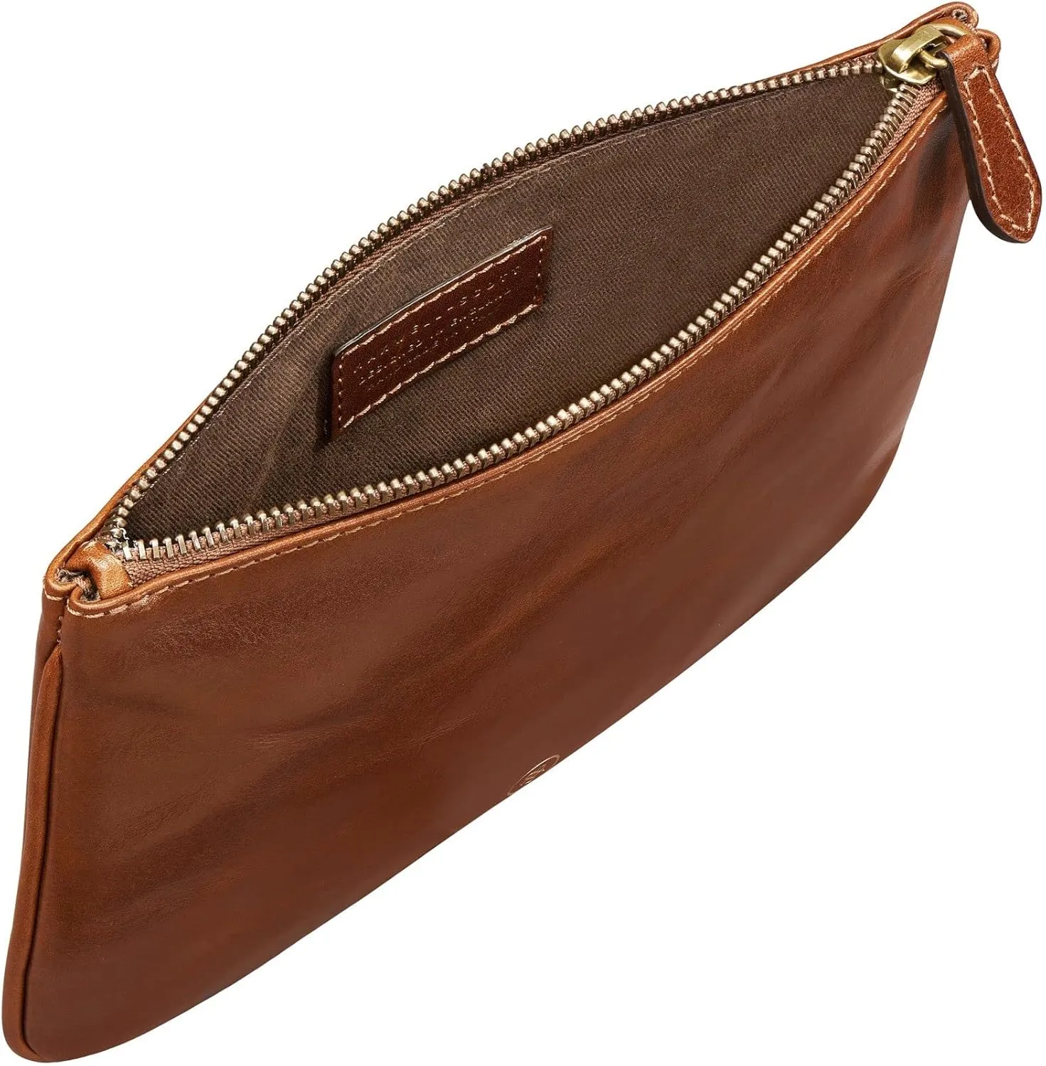 Maxwell Scott - Personalized Womens Luxury Designer Leather Flat Makeup Bag Purse - The Zeta - Chestnut Tan
