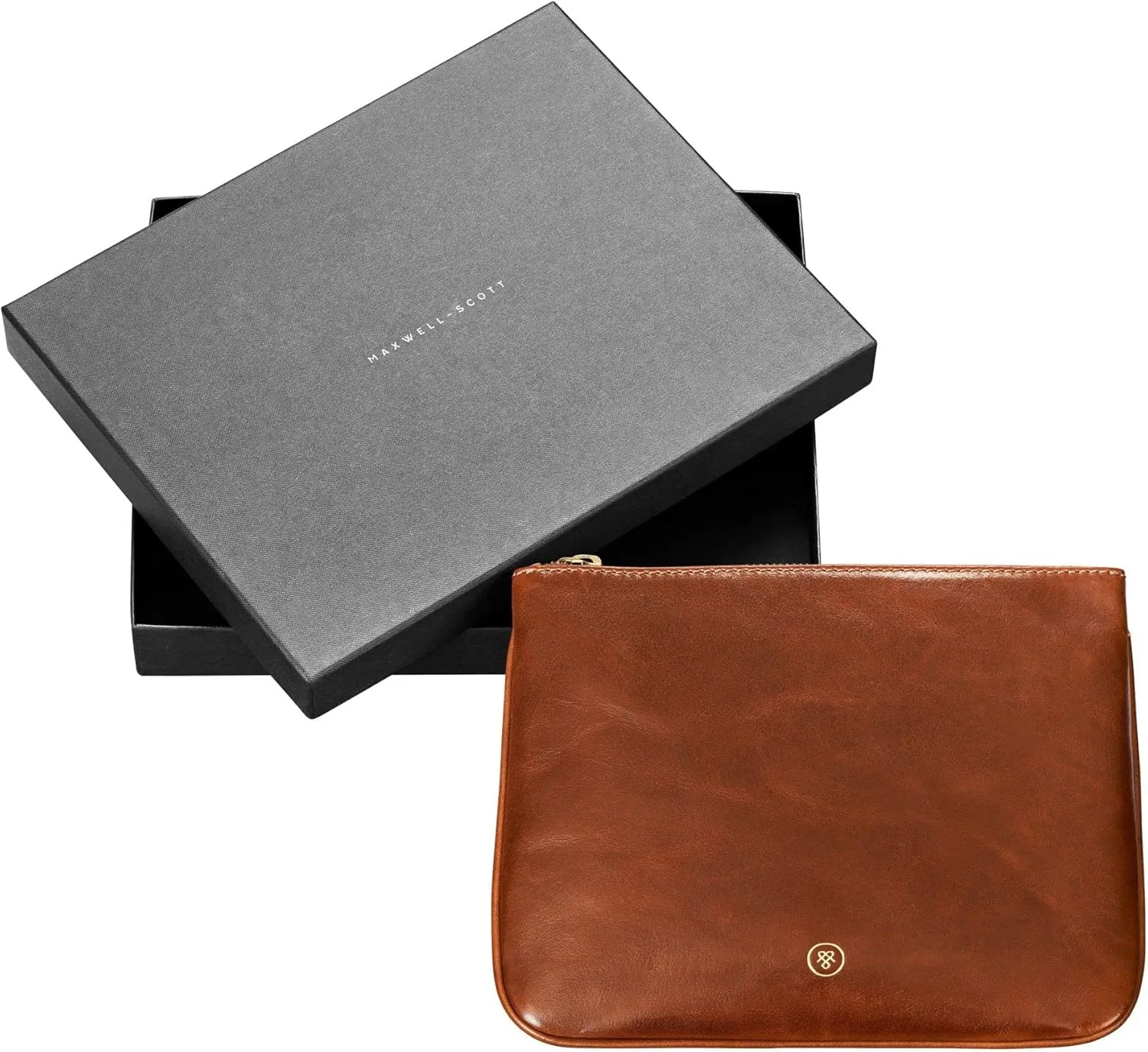 Maxwell Scott - Personalized Womens Luxury Designer Leather Flat Makeup Bag Purse - The Zeta - Chestnut Tan