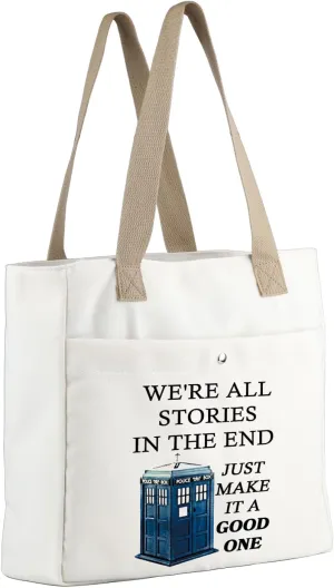 MBMSO Doctor TV Show Tote Bag Movie Inspired Fans Gifts We're All Stories in the End just Make it a Good One Police Box Tote