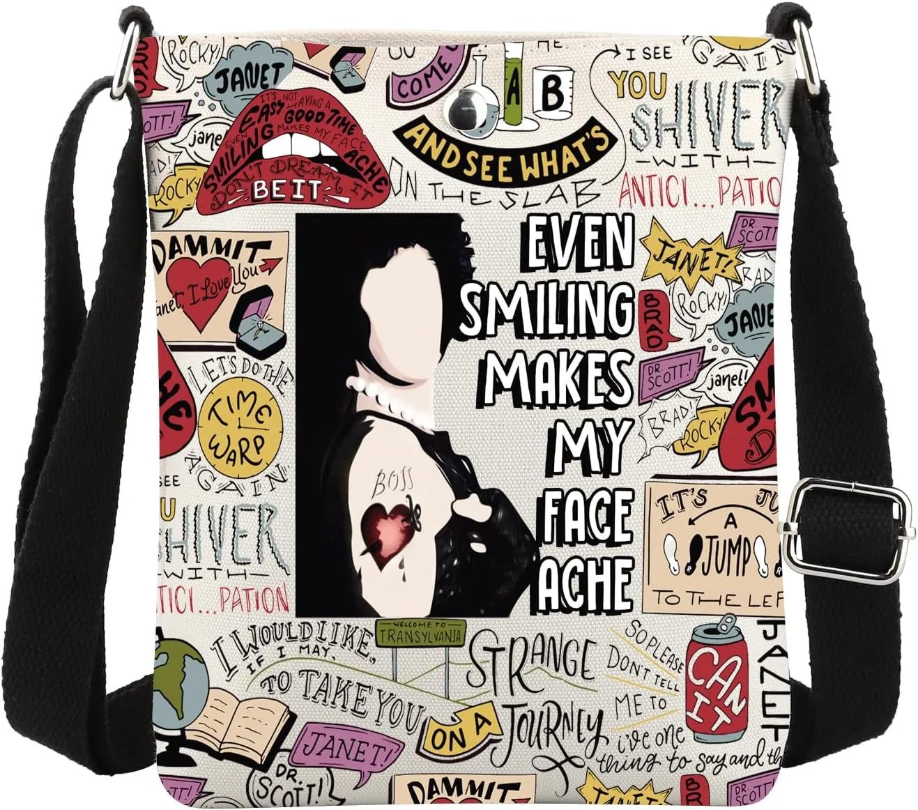 MBMSO Horror Show Gift R-TV Show Crossbody Bag Horror Movie Gifts for Musical Fans Lips Bag Even Smiling Makes My Face Ache