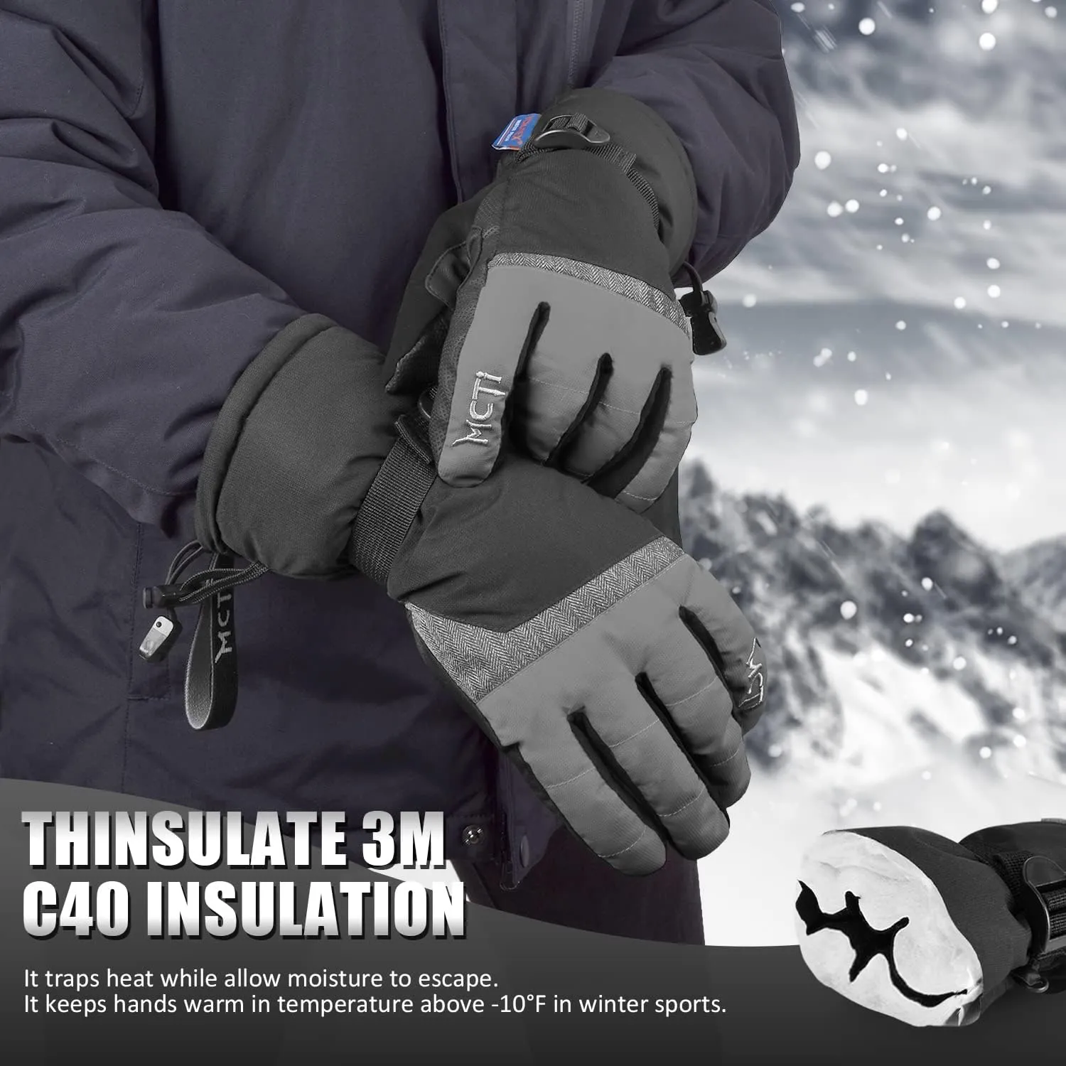 MCTi Ski Gloves,Winter Waterproof Snowboard Snow 3M Thinsulate Warm Touchscreen Cold Weather Women Gloves Wrist Leashes