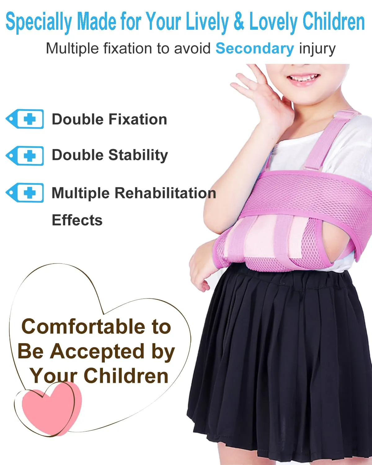 Medical Kids Arm Sling, Breathable, Soft & Comfort, Adjustable, Toddler Children Pediatric Rotator Cuff, Elbow Support for Broken, Fractured Arm & Shoulder Injury, Immobilizer Band (Pink)