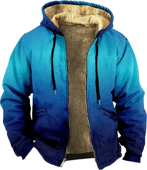 Men Coats Winter Long Sleeve Zipper Hoodies Sherpa Fleece Lined Vintage Print Jackets Fall Winter Coats