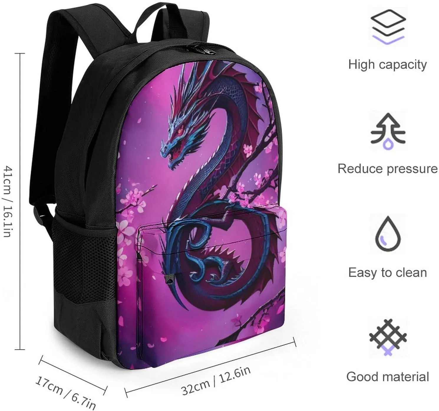 Men Women Polyester Romantic Dragon Cherry Flowers Art Daypack Big Capacity Shoulder Bag With Adjustable Shoulder Straps for Camping Travel Walking Cycling